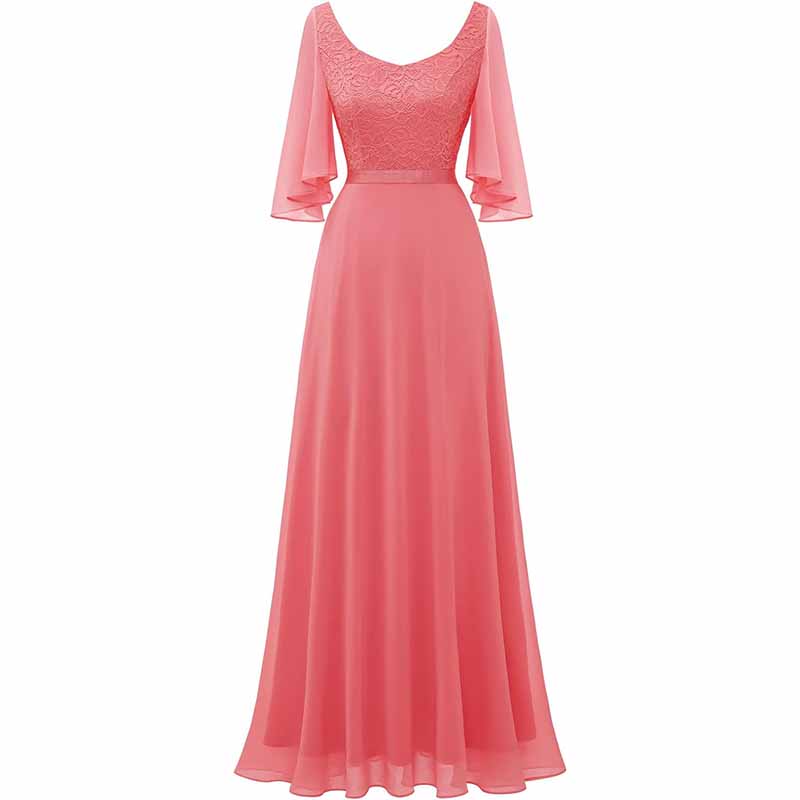 Long bridesmaid dresses floor length in coral color with elegant lace bodice and flowing sleeves