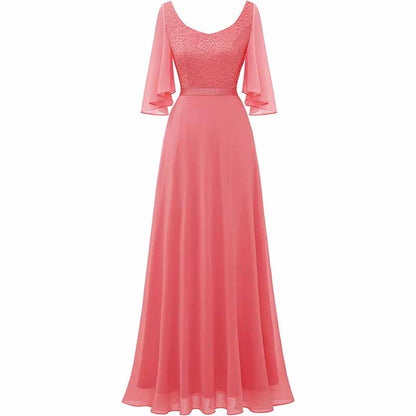 Long bridesmaid dresses floor length in coral color with elegant lace bodice and flowing sleeves