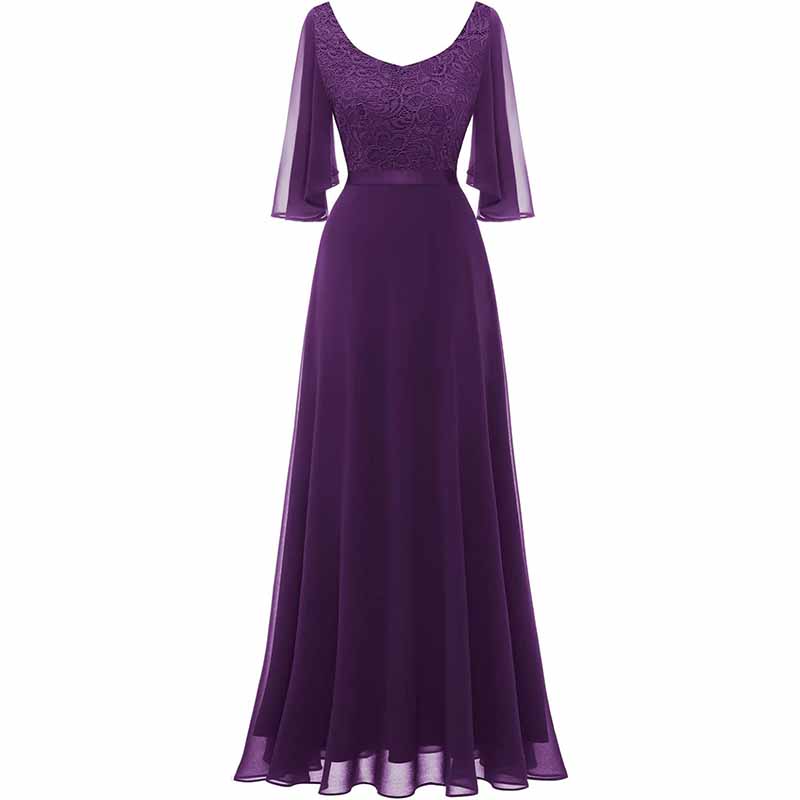 Long Bridesmaid Dresses Floor Length in Elegant Purple with Sheer Sleeves and Beaded Bodice