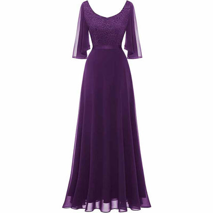Long Bridesmaid Dresses Floor Length in Elegant Purple with Sheer Sleeves and Beaded Bodice