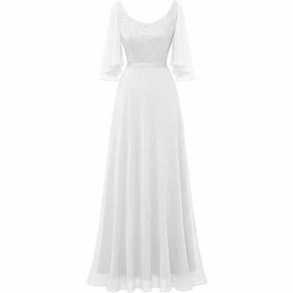 Elegant long bridesmaid dresses floor length with lace detailing and flutter sleeves in white