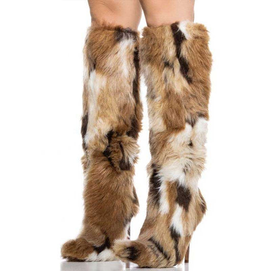Stylish long faux fur boots for women with a unique brown and white design for trendy winter fashion