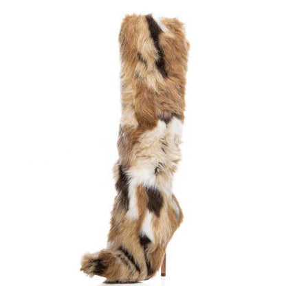Stylish long faux fur boots for women with a unique animal print design and high heels