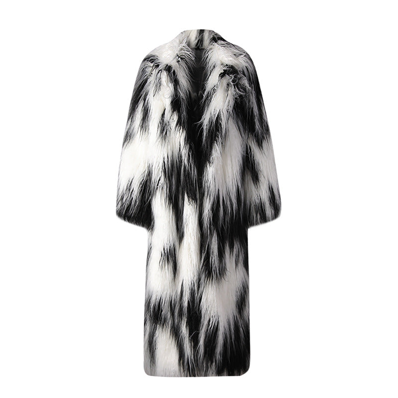Stylish long faux fur coat for women in black and white pattern, perfect for chilly weather