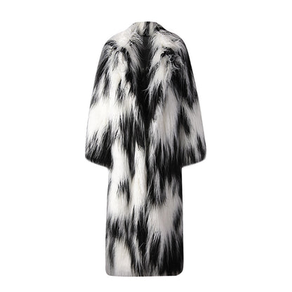 Stylish long faux fur coat for women in black and white pattern, perfect for chilly weather