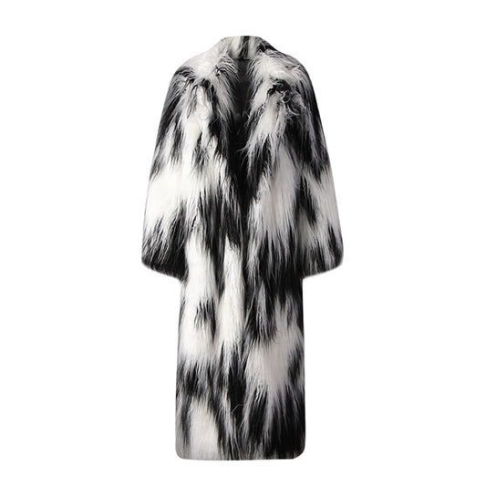 Stylish long faux fur coat for women in black and white pattern, perfect for chilly weather
