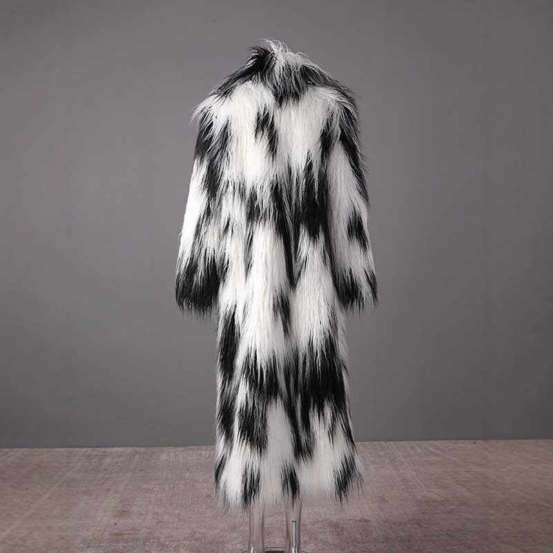 Long faux fur coat for women in black and white pattern for a stylish winter look