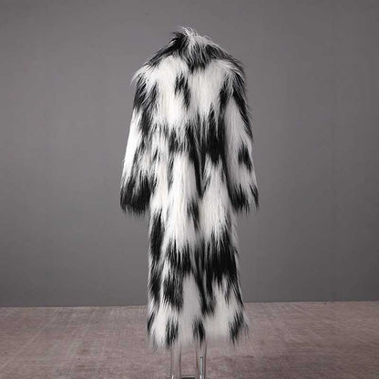 Long faux fur coat for women in black and white pattern for a stylish winter look