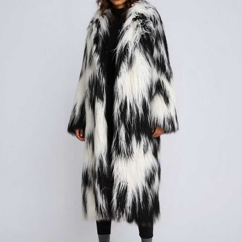 Stylish long faux fur coat for women in black and white with a trendy oversized design
