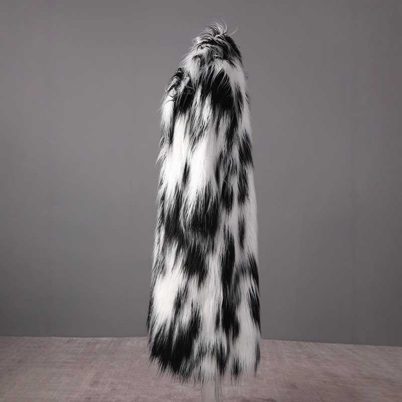 Stylish long faux fur coat for women in black and white pattern, perfect for winter fashion