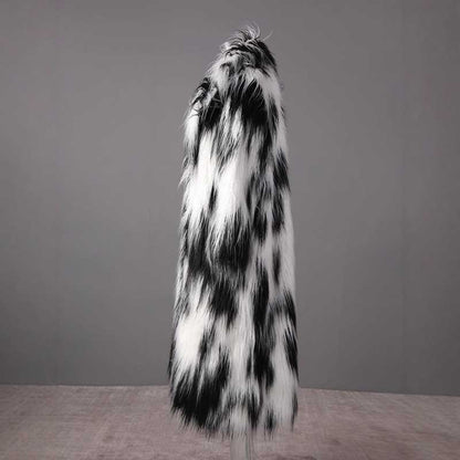 Stylish long faux fur coat for women in black and white pattern, perfect for winter fashion