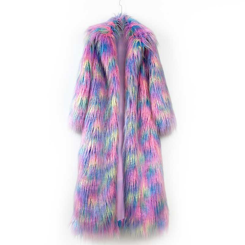 Colorful long faux fur coat for women with a vibrant, multicolored design for stylish warmth