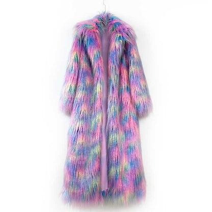 Colorful long faux fur coat for women with a vibrant, multicolored design for stylish warmth
