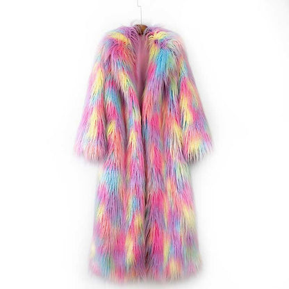 Colorful long faux fur coat for women with vibrant rainbow hues and a luxurious look