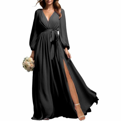 Elegant black long sleeve chiffon bridesmaid dress with waist tie and thigh slit by sd-hk