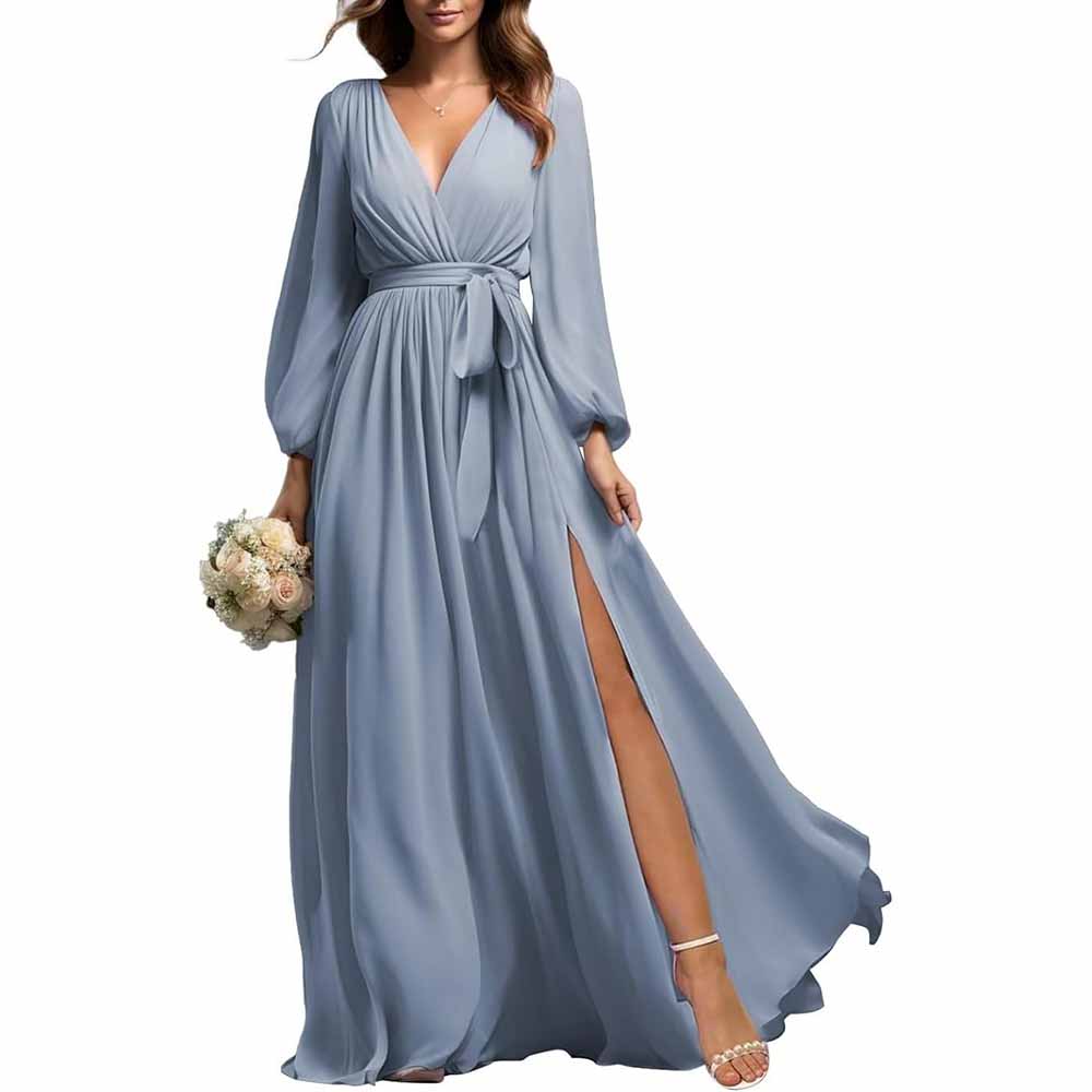 sd-hk long sleeve chiffon bridesmaid dress in light blue with wrap waist and side slit