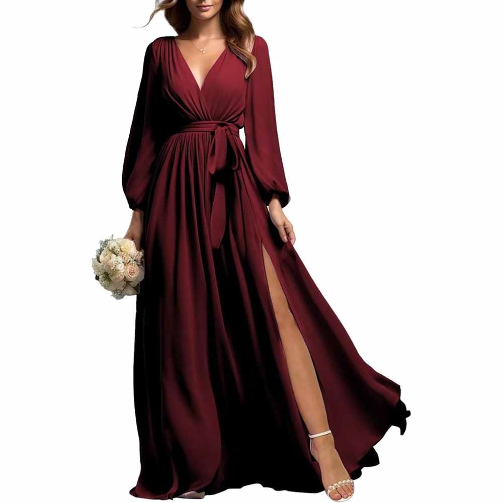 Elegant long sleeve chiffon bridesmaid dress in deep burgundy with V-neck and side slit