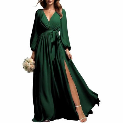 sd-hk long sleeve chiffon bridesmaid dress in dark green with wrap waist and side slit