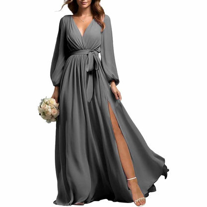 Gray long sleeve chiffon bridesmaid dress with wrap waist and thigh slit by sd-hk