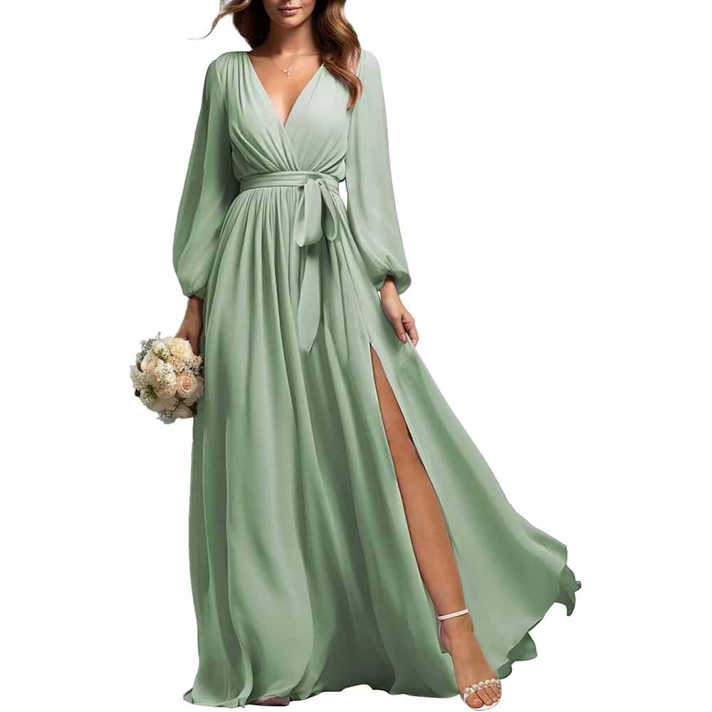 Elegant sage green long sleeve chiffon bridesmaid dress with wrap waist and thigh slit