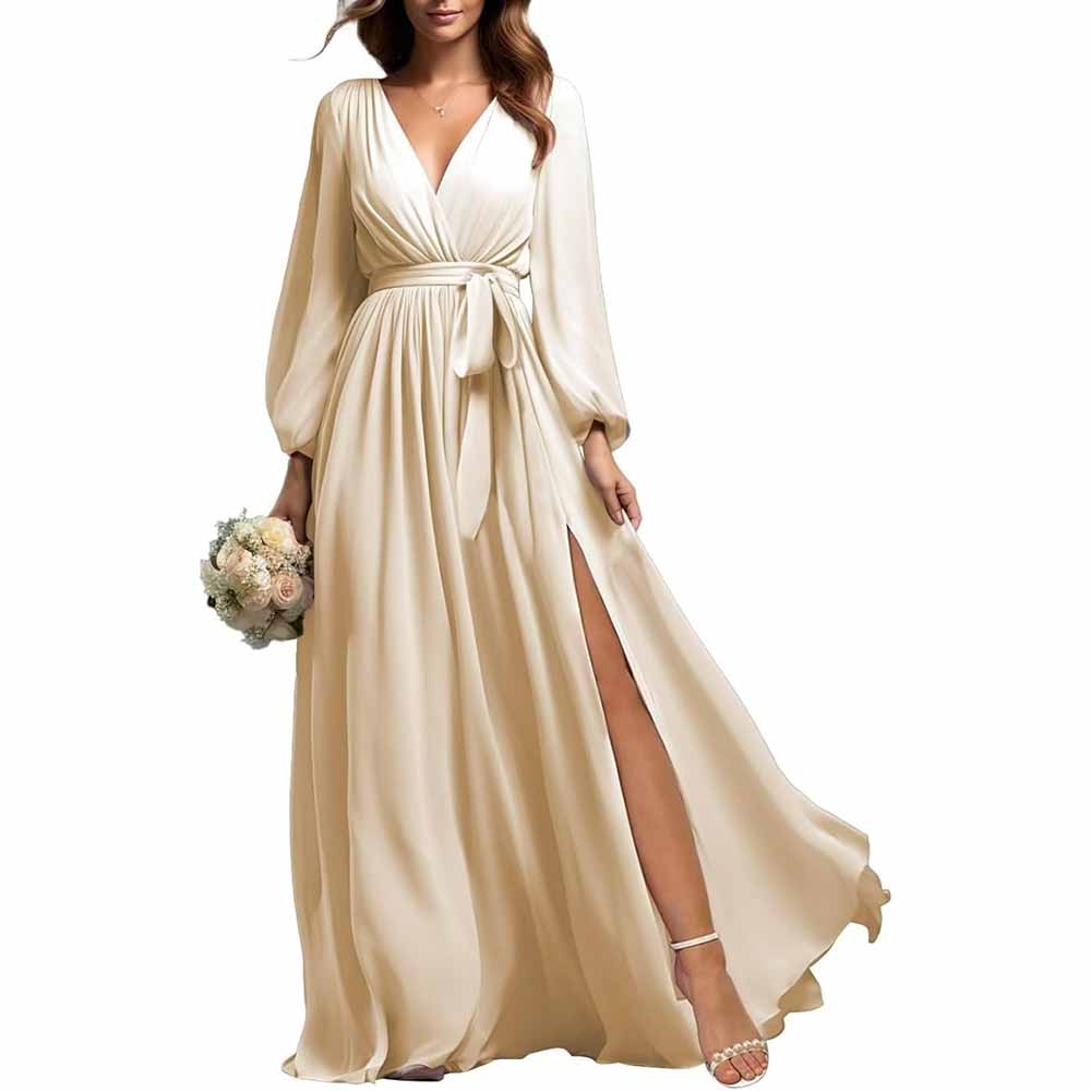 sd-hk long sleeve chiffon bridesmaid dress in cream with V-neck, waist tie, and side slit