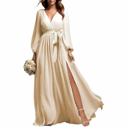 sd-hk long sleeve chiffon bridesmaid dress in cream with V-neck, waist tie, and side slit