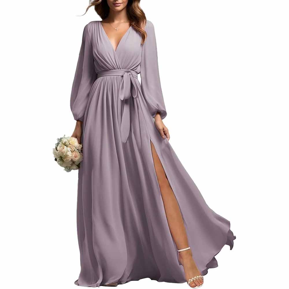 Elegant lavender long sleeve chiffon bridesmaid dress with wrap waist and slit detail