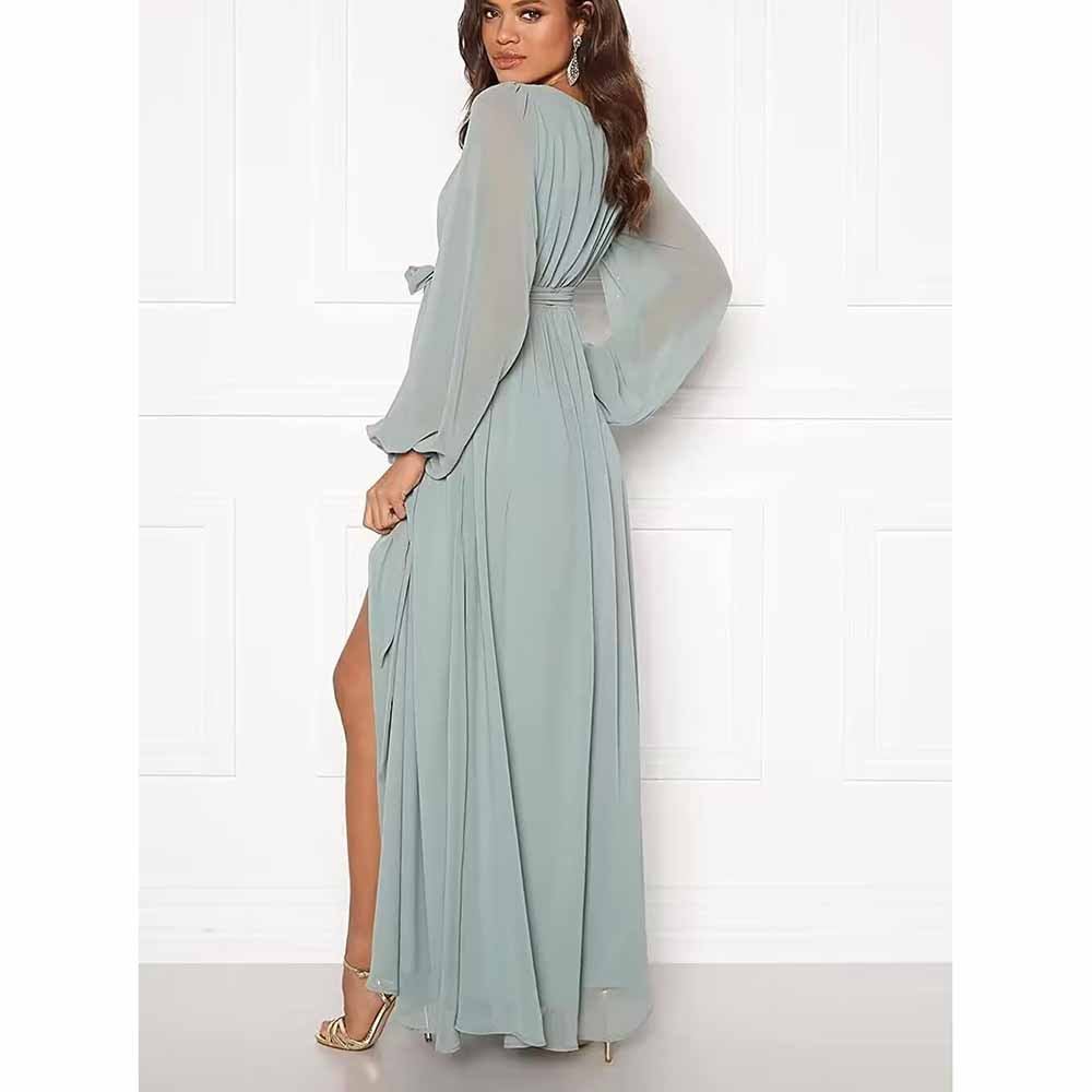 sd-hk long sleeve chiffon bridesmaid dress in light blue with flowy skirt and side slit