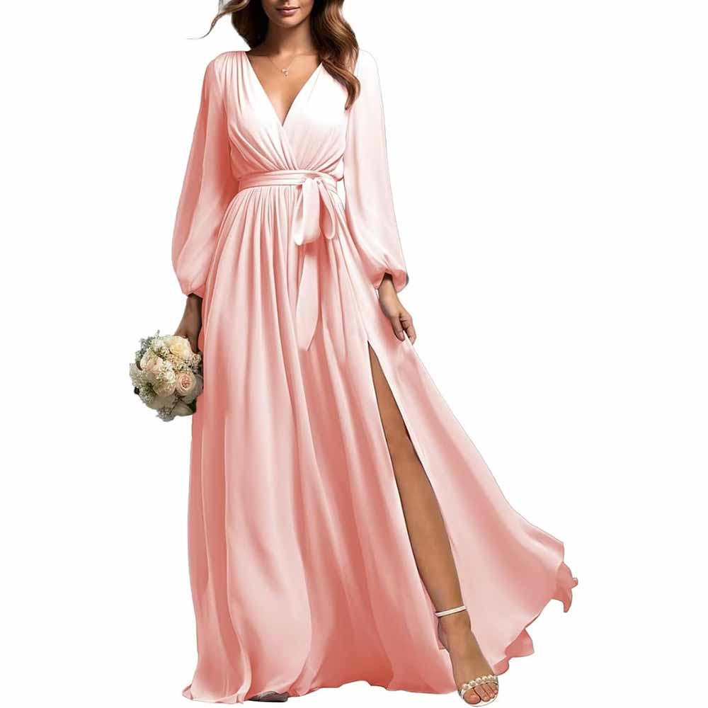 sd-hk long sleeve chiffon bridesmaid dress in pink with wrap design and side slit