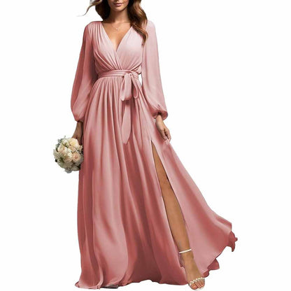 sd-hk long sleeve chiffon bridesmaid dress in blush pink with wrap waist and side slit