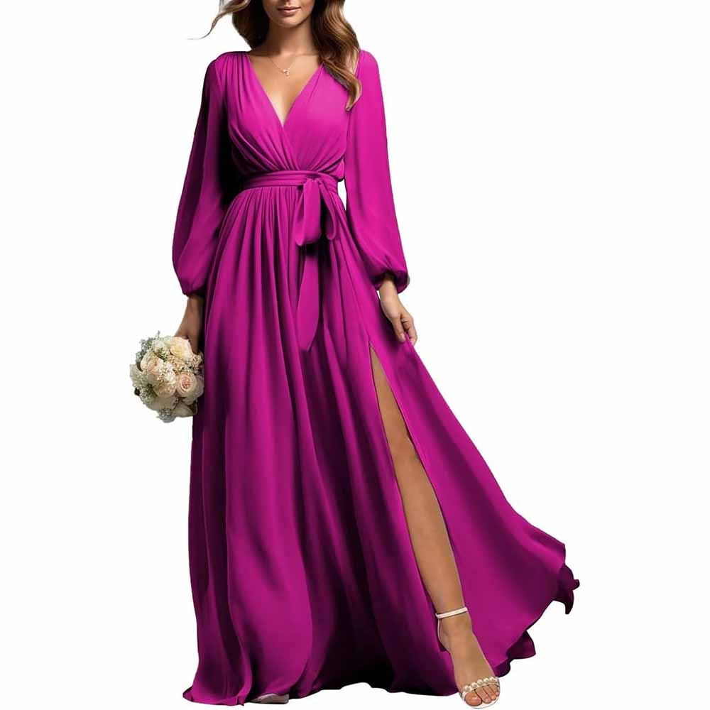 sd-hk long sleeve chiffon bridesmaid dress in vibrant magenta with wrap waist and side slit