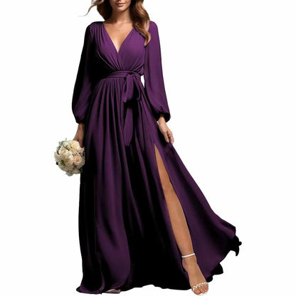 sd-hk elegant long sleeve chiffon bridesmaid dress in deep purple with wrap waist and side slit