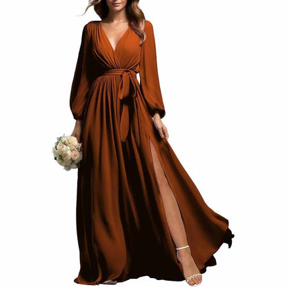 sd-hk long sleeve chiffon bridesmaid dress in deep rust with wrap waist and side slit