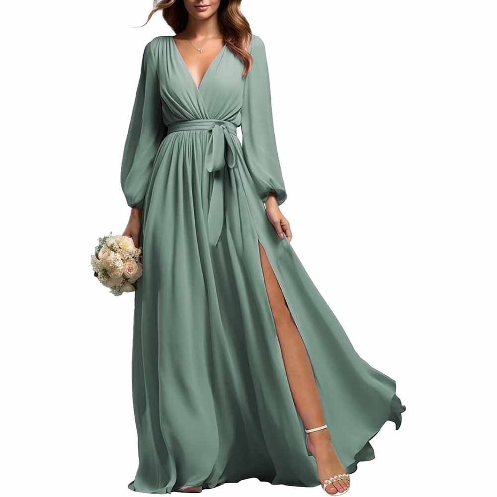 sd-hk long sleeve chiffon bridesmaid dress in sage green with waist tie and side slit
