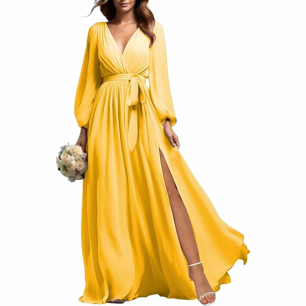 Yellow long sleeve chiffon bridesmaid dress with waist tie and front slit worn by model