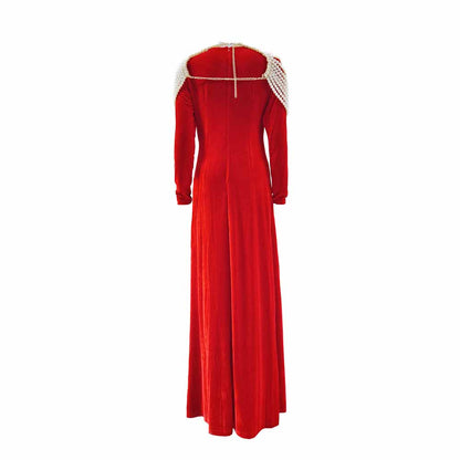 Women Long Sleeves Red Velvet Event Dress High Split Long Formal Formal Dress