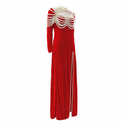 Women Long Sleeves Red Velvet Event Dress High Split Long Formal Formal Dress