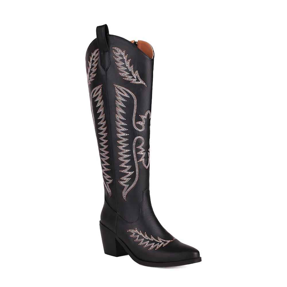 Cowboy Boots for Women Low Heel Pull On Westerm Embroidery Cowgirl Boot for Ladies