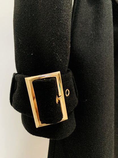Women's Winter Autumn Golden BUCKLE Belt Black Long Coat, Wedding, Formal Events