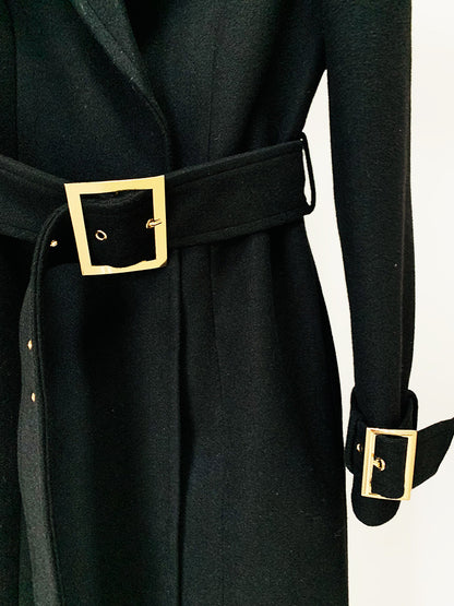 Women's Winter Autumn Golden BUCKLE Belt Black Long Coat, Wedding, Formal Events