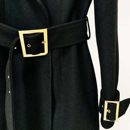 Women's Winter Autumn Golden BUCKLE Belt Black Long Coat, Wedding, Formal Events