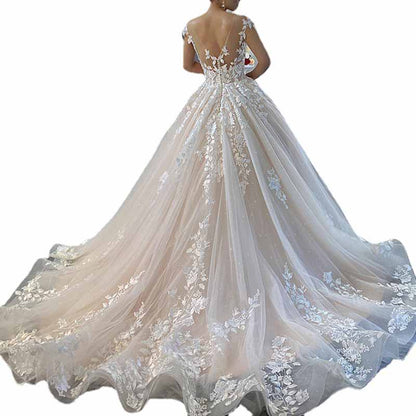 Court Train A-Line Princess Scoop Neck Covered  Court Train With Appliqued