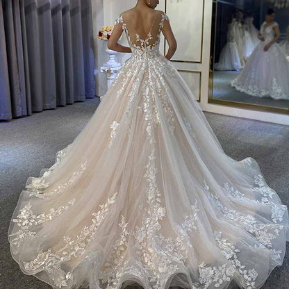 Court Train A-Line Princess Scoop Neck Covered  Court Train With Appliqued