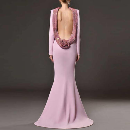 Lavender Backless Sequin-Beaded Evening Gown Long Formal Dress
