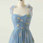 Cute A Line Spaghetti Straps Dusty Blue Prom Dress with Embroidery