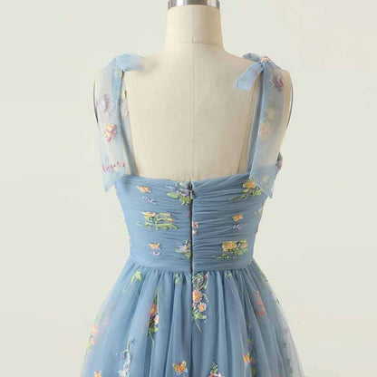 Cute A Line Spaghetti Straps Dusty Blue Prom Dress with Embroidery