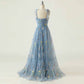 Cute A Line Spaghetti Straps Dusty Blue Prom Dress with Embroidery