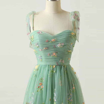 Cute A Line Spaghetti Straps Sage green Prom Dress with Embroidery