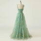 Cute A Line Spaghetti Straps Sage green Prom Dress with Embroidery