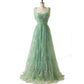 Cute A Line Spaghetti Straps Sage green Prom Dress with Embroidery